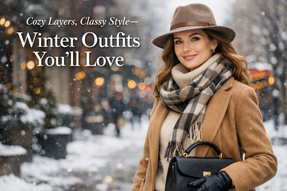 Cozy layered winter outfit with a classy camel coat and scarf, featured fashion image.
