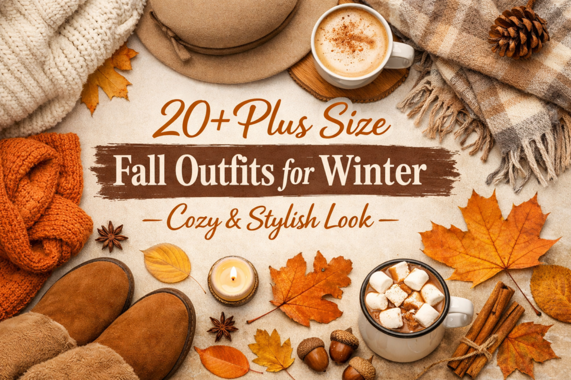 Cozy plus-size fall outfits for winter with sweaters, scarves, and autumn vibes.