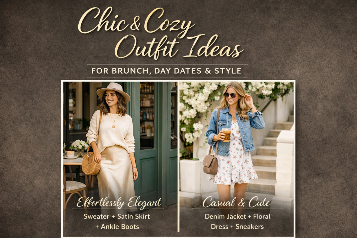 Chic cozy brunch outfits with sweater and floral dress.