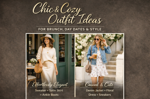 Chic cozy brunch outfits with sweater and floral dress.